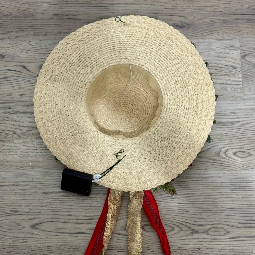 Handmade Christmas Straw Hat Wreath! Holidays decor Crafted From Scratch! Lights